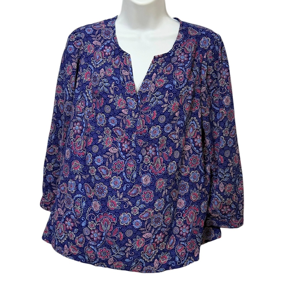 J. Jill Blue Pink Paisley Floral Rayon Split V-Neck 3/4 Sleeve Blouse Petite S